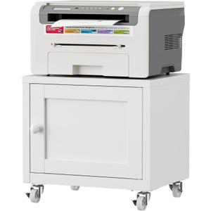Small Printer Stand with Storage, Home Office Printer Table for Small Spaces, Under-Desk 3D Printer Stand with Wheels, for Office Copier and Fax Machine, White
