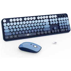 FOPETT Wireless Keyboard and Mouse Combo  2.4G FullSized Cute Colorful Mouse and Keyboard with 104 Round Keys Retro Typewriter Keyboard for Laptop/Windows/PC  Blue Gradient
