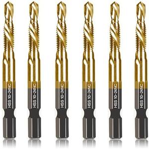 6-pc 10-24NC Combination Drill Tap Bit Set SAE, 10-24NC Thread Size, Titanium Coated High-Speed Steel, Ideal for Drilling Threading and Countersinking in Soft Metal Wood and Plastic, 1/4” Hex Shank
