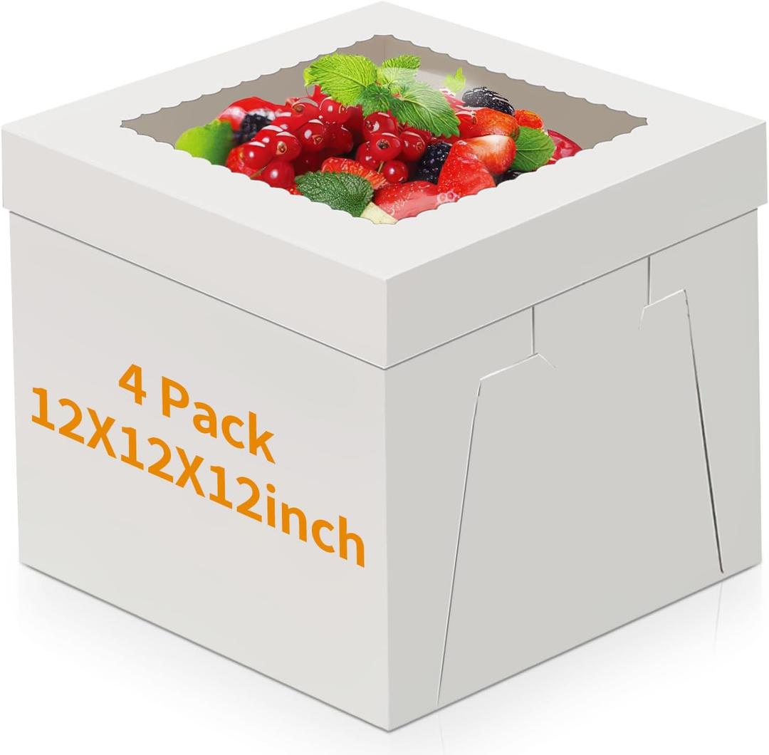 WINKIO 4 Pack Cake Boxes, Disposable Cake Transport Container, White Bakery Boxes with Large Window, for Cookies Pies Cupcakes Pastry (12×12×12)