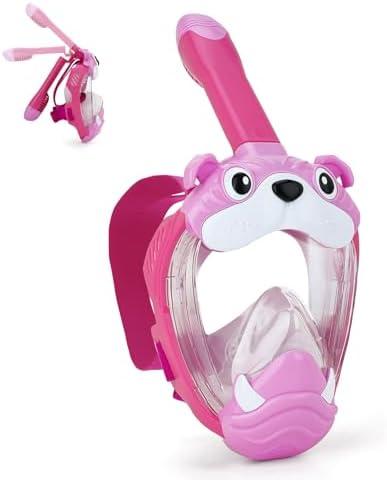 Kids Full Face Snorkel Mask, Snorkeling Gear for Kid, 180° Panoramic View Snorkeling Mask with Adjustable Elastic Fabric Straps - Anti-Fog & Anti-Leak - Portable Mesh Bag