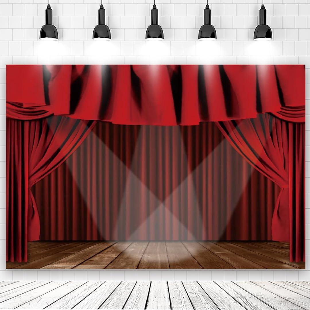 7x5ft Red Theater Stage Backdrop Stage Show Spotlight Photography Background for Birthday Music Party Children Portrait Photos Shoot Video Recording Props