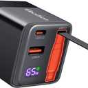 65W Retractable Wall Charger, USB C Charger Block Built-in Type C Cable & Dual Port, PD PPS Fast Charging GaN Power Adapter Travel Charger for MacBook,Lenovo IdeaPad,iPhone 16 Pro Max,Galaxy S24