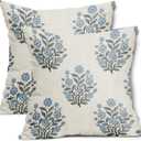 Grandmillennial Pillow Covers 16x16 Inch Set of 2 Blue Floral Block Print Cotton Linen Decorative Throw Pillow Case Grand Millennial Cushion Cover for Bedroom Sofa Living Room Chair Home Decor