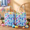 Remerry Easter Hawaiian Basket Blue Cartoon Tropical Floral Print Egg Hunt Bucket with Handle, Canvas Animation Theme Spring Treat Bag for Easter Party Supplies and Decor Eggs Gift Fillers