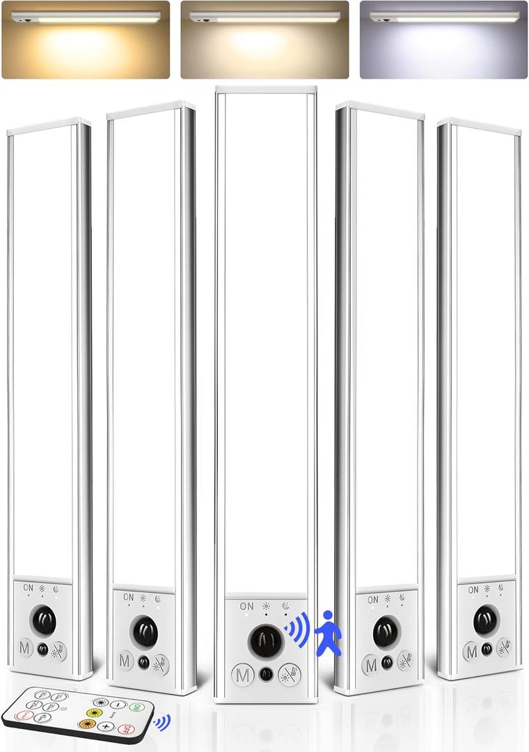 EZVALO 5-Pack Under Cabinet Lighting, 2400mAh Rechargeable Motion Sensor Light, 10inch Magnetic Closet Lights with Dimmable & 3 Color Temps, Wireless Motion Activated Lights with Remote for Kitchen