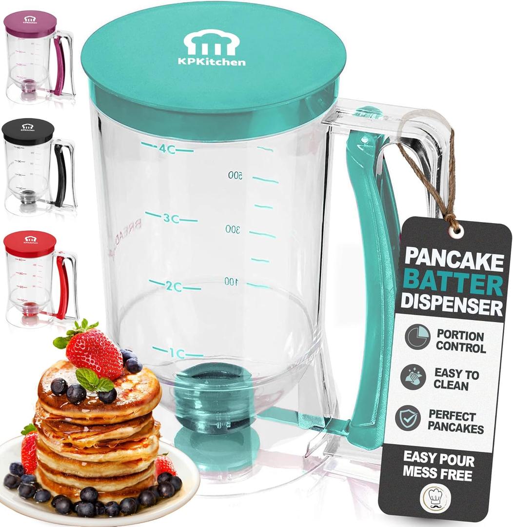 Pancake Batter Dispenser - Kitchen Must Have Tool for Perfect Pancakes, Cupcake, Waffle, Muffin Mix, Cake & Crepe - Easy Pour Baking Supply for Griddle - Pancake Maker with Measuring Label (Turquoise)