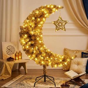 Tuanse 4.5 ft Lighted Eid Ramadan Moon Crescent Artificial Tree with Star String LED Outdoor Decoration Muslim Islamic Crescent Artificial for Eid Ramadan Party Decoration Garden Home Decor