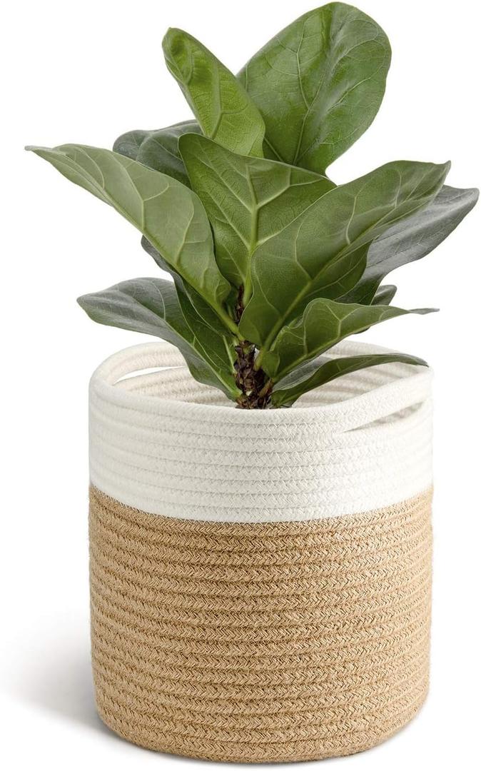 TIMEYARD Jute Rope Plant Basket Small Woven Storage Baskets for Up to 7" Planter, 8" x 8" Decorative Plant Pot Cover Woven Planter Basket Laundry Baskets with Handles Modern Home Dcor