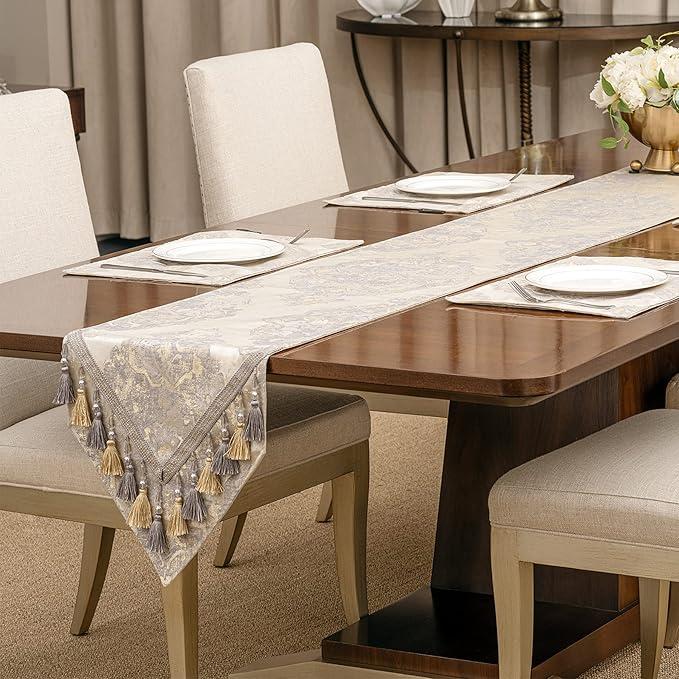 Loom and Mill Luxury Table Runner 72 inches Long, Elegant Damask Jacquard Table Runners with Handmade Multi-Tassels for Dining Room Dresser Party Holiday Banquet Decoration(Beige, 13x72 inch)