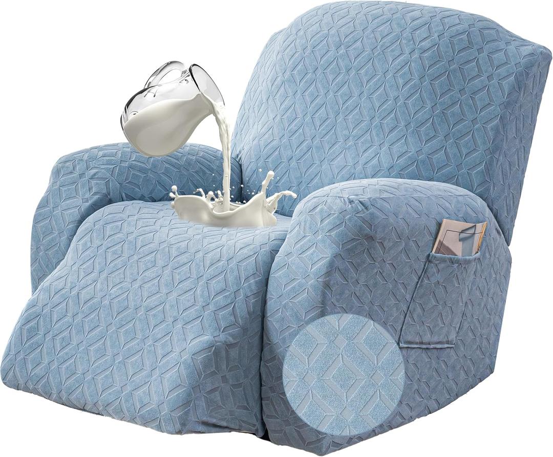Gennia Waterproof Recliner Chair Cover,Stretch Reclining Sofa Covers with Pockets,Washable Lazy Boy Recliner Slipcovers,Leakproof Couch Protector for Kids, Pets, Dog and Cat (XL-Recliner,Light Blue)