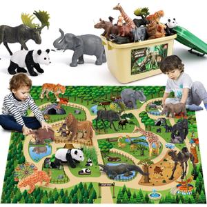 FRUSE Safari Animals Figures Toys w/ 57”x38.5”Jumbo Play Mat, 12PCS Realistic Jungle Wild Zoo Animals Figurines Playset with Panda, Lion, Elephant, Educational Learning Toys for Toddlers Kids