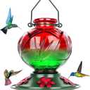 BOLITE Hummingbird Feeder, Glass Hummingbird Feeders for Outdoors Hanging, 22 Ounce, Five Feeding Ports with Perch, Peony Flower Shape, Red and Green, Gifts for Women Men, Gifts for Mom Dad