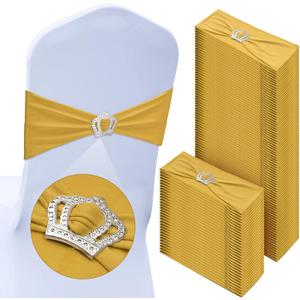 VitalCozy 100 Pcs Spandex Chair Sashes with Crown Buckle Slider Stretch Chair Bands Cover Ties for Wedding, Banquet, Gala, Corporate Event, Birthday Party, Baby Shower(Gold)