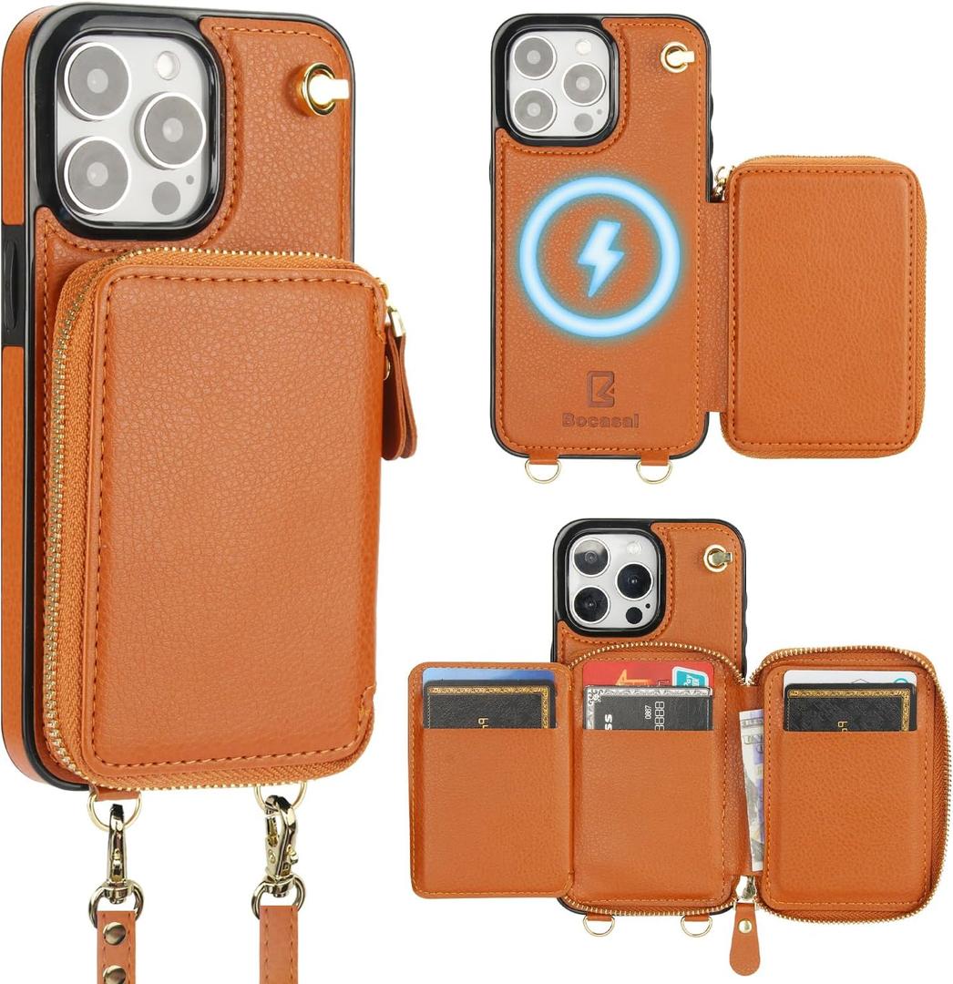 Bocasal for MagSafe Crossbody Wallet Case Compatible with iPhone 15 Pro Max, RFID Blocking Protective Purse Case with Card Slots Holder Kickstand Wrist Strap Lanyard Zipper 6.7 Inch 5G (Brown)