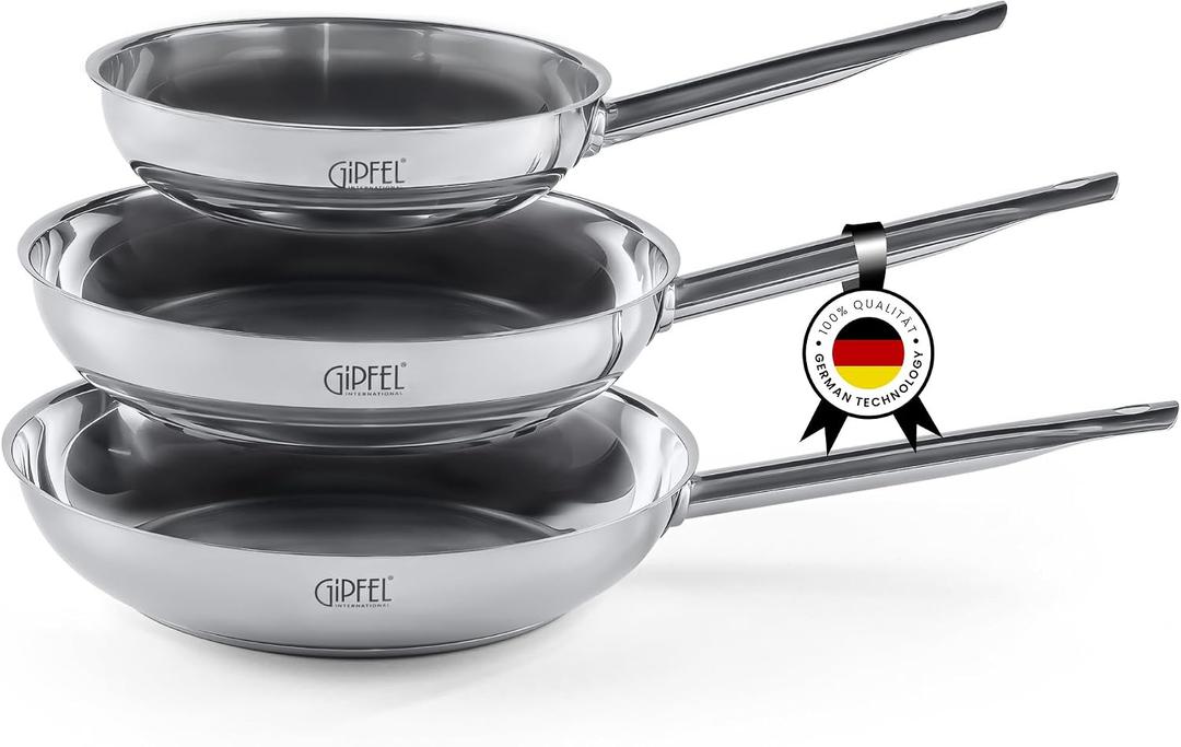 GIPFEL INTERNATIONAL 3 Piece Stainless Steel Frying Pan Set 8, 10, 12 Inch - Tri Ply Stainless Steel Skillet Healthy Cookware - Fry Pans for Induction Gas Electric Ceramic Stove & Oven Safety