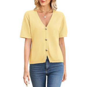 Cardigan Sweaters for Women Short Sleeve V Neck Cardigans Lightweight Button Up Sweater Spring Knit Tops, L