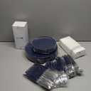 KIRE 175Pcs Blue Plastic Plates with Silver Rim & Disposable Silverware with Blue Handle & Silver-rim Cups & Hand Napkin & Plastic Dinnerware for Parties/Wedding/Graduation