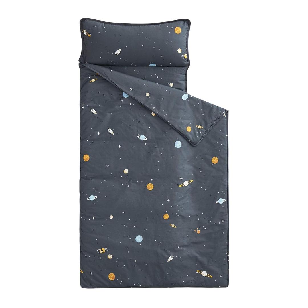 Wake In Cloud - Toddler Nap Mat with Pillow and Blanket, 100% Cotton Fabric, for Kids Boys Girls in Daycare Kindergarten Preschool, Roll Up Sleeping Bag, Gray Spaces, Standard (Standard - 50"x20")
