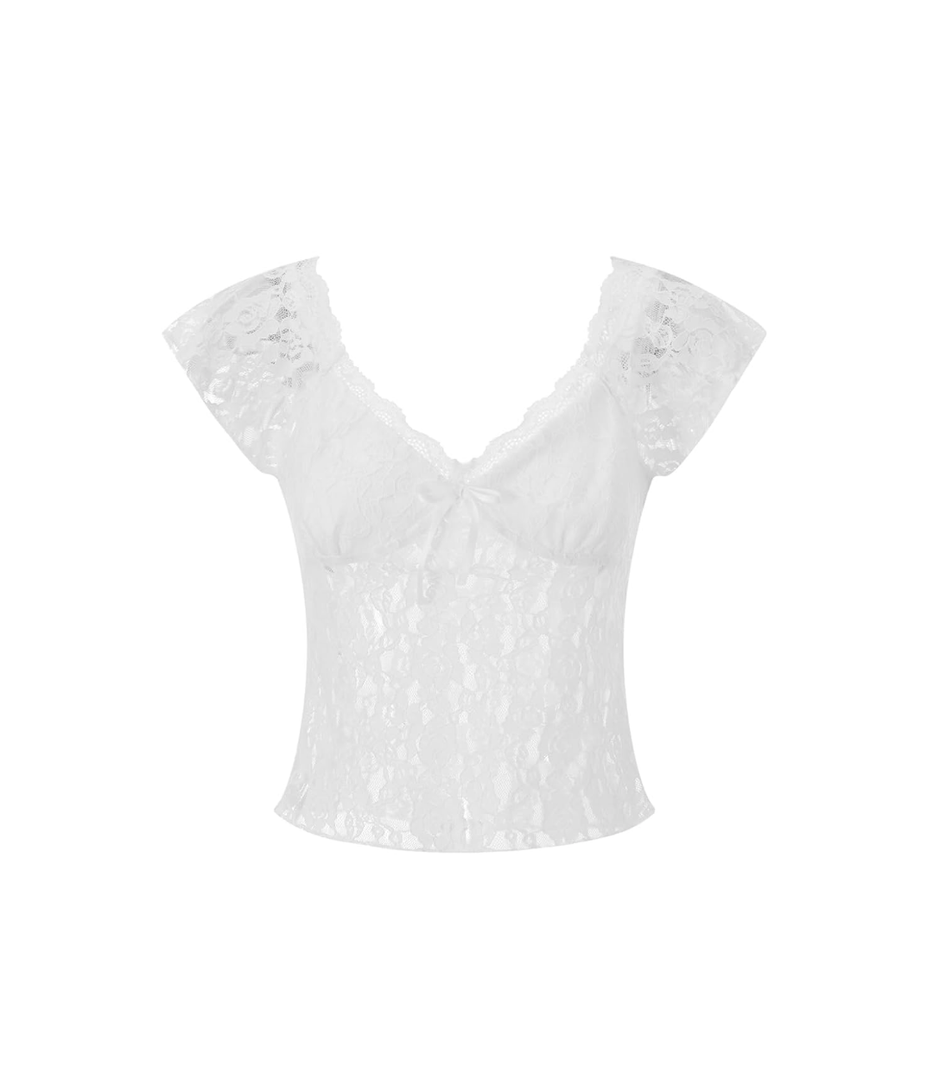 Women's Lace Crop Tops Fashion Cap Sleeve Sweetheart Neck Tie-up Front Slim Fit T-Shirt Summer Blouses M