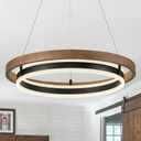 LED Ring Chandelier, Solid Oak Wood LED Dining Room Light Fixtutre, 24in Modern Farmhouse LED Chandelier, Dimmable Black Chandeliers for Living Room Bedroom Entry