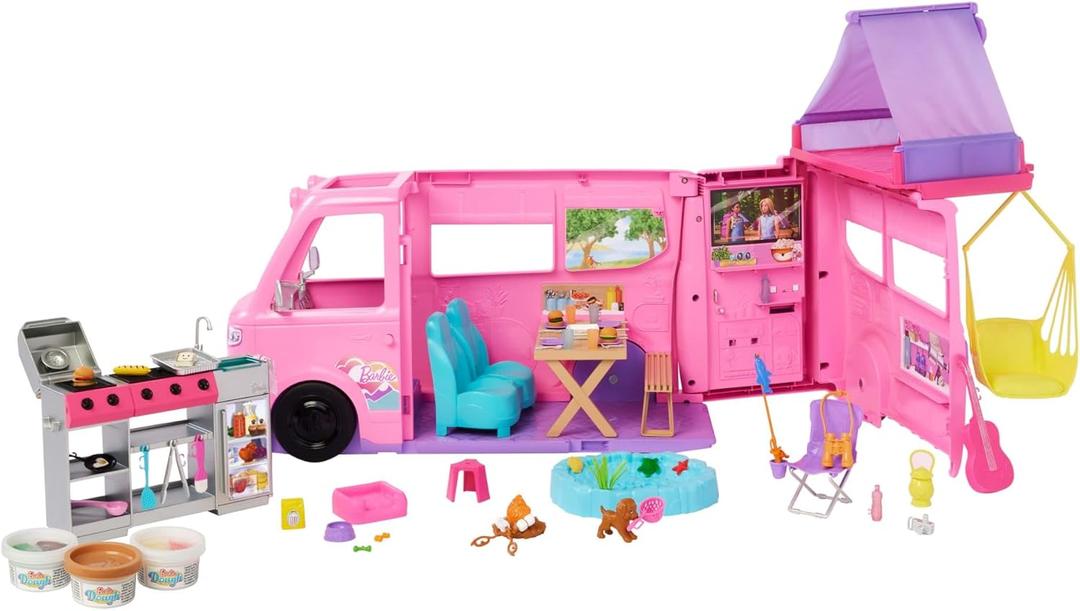 Barbie Dream Camper New for 2025 Playset with Roof Tent, Swing Chair, Fishing Pond, BBQ Grill with Color-Change Feature & 60+ Accessories Including Dough