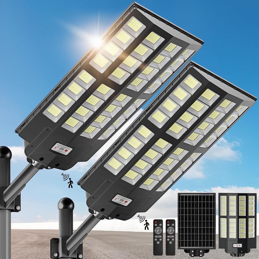 OKPRO 9000W Solar Street Lights Outdoor, IP66 Waterproof Commercial Solar Powered Flood Light with Motion Sensor & Remote, Dusk to Dawn Security Lighting for Yard, Farm, Parking Lot, Garage (2Pack)