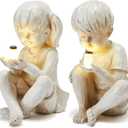 Large Garden Children Statues Light Up Firefly Jar Solar Powered | Set of 2 Figurines | Girl & Boy Garden Yard Art Dcor, Indoor & Outdoor Ornament Gifts for Lawn, Patio , 7.5" W x11. 8H Cream Gift