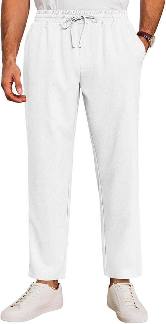 Runcati Mens Casual Pants Drawstring Elastic Waist Lightweight Cropped Linen Pants Summer Yoga Beach Trousers (Medium, White)
