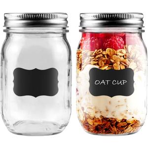 2-Pack 16oz Mason Jars with Labels - Regular Mouth Glass Jars with Airtight Lids & 2 Write-On Labels - for Canning, Overnight Oats, Meal Prep, Jam, Salad Dressing