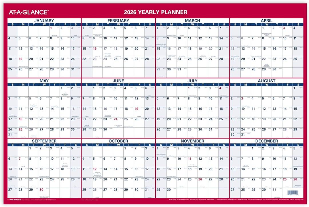 AT-A-GLANCE 2026 Erasable Calendar, Dry Erase Wall Planner, 36" x 24", Large, Vertical-Horizontal, Reversible (PM26P2826)