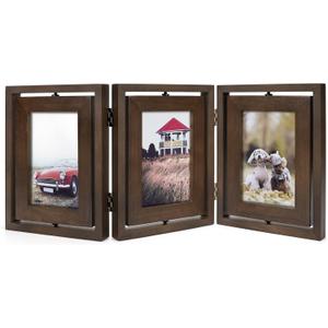 Emfogo 4x6 Picture Frame Rustic Wood Hinged Folding Triple Picture Frames Collage, Double-Sided Display Rotatable High Definition Glass Photo Frame for Home TableTop(Walnut)