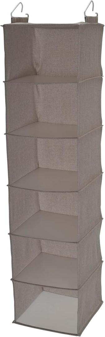 Household Essentials 6 Shelf Hanging Closet Organizer, Hanging Closet Shelf, Fabric Poly Linen and PEVA Shelving (Light Grey)