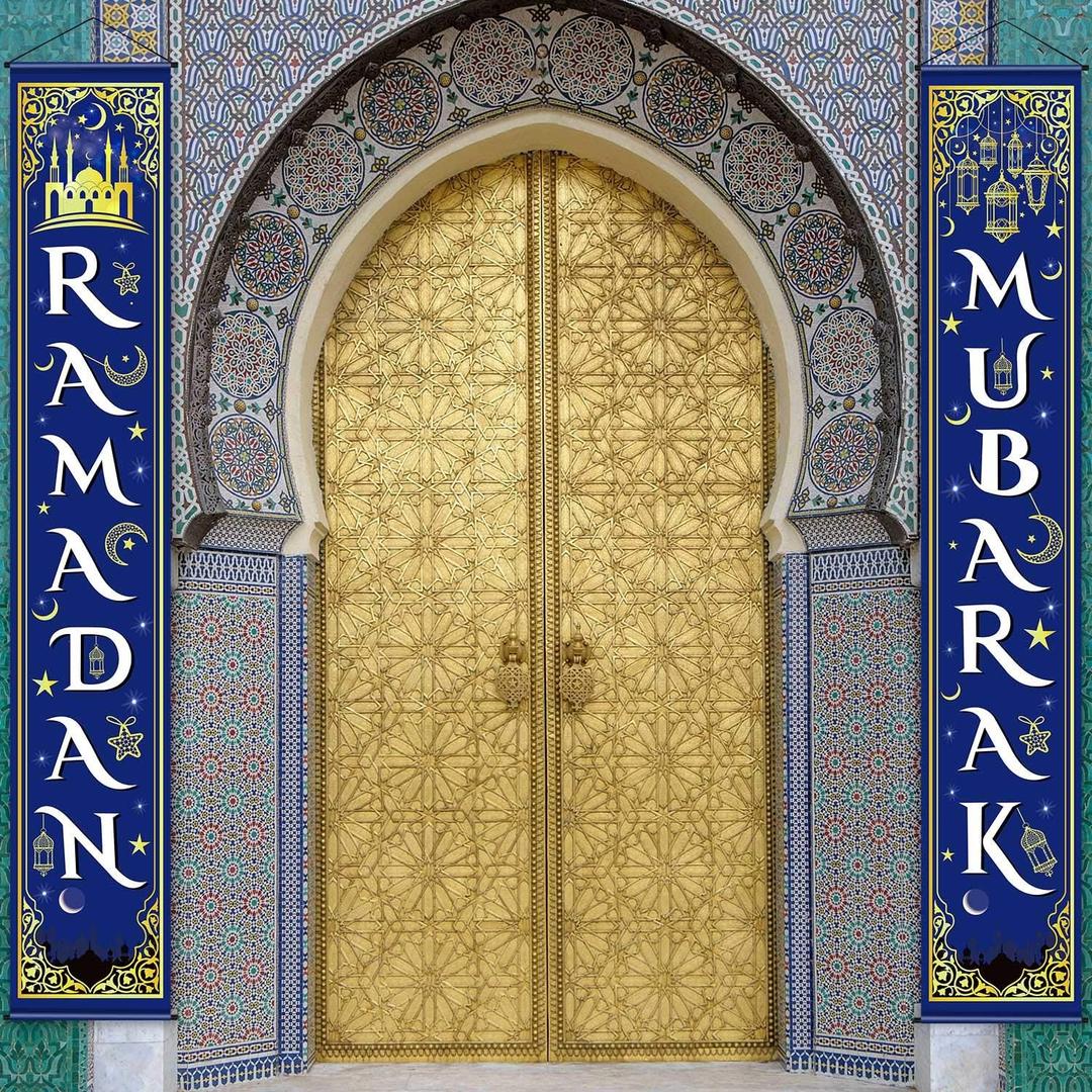 Blulu Ramadan Mubarak Door Banner Ramadan Porch Sign Banner Eid Mubarak Decoration Muslim Hanging Door Decoration for Indoor Outdoor Decor Eid Al-fitr Party Supplies(Blue)