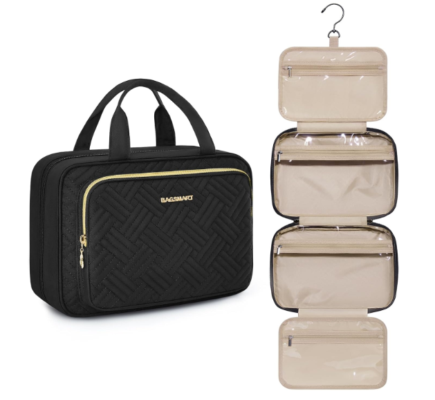 BAGSMART Hanging Travel Toiletry Organizer - Cosmetic Bag for Full Sized Toiletries, Basic-Black