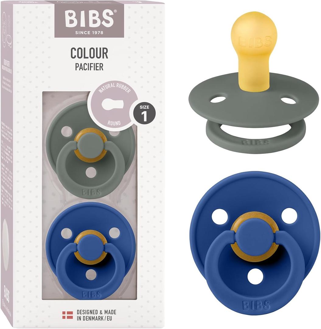 Bibs Pacifiers Color Collection, Set of 2 BPA-Free Latex Pacifiers Made in Europe, Round Nipple Baby Pacifier. (6+ Month (Pack of 2), Pine/Cornflower)