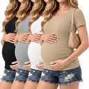 Riyiper 4 Pack Women's Ribbed Maternity T Shirts 92% Cotton Short Sleeve Pregnant Top Crew Neck Side Ruched Maternity Clothes