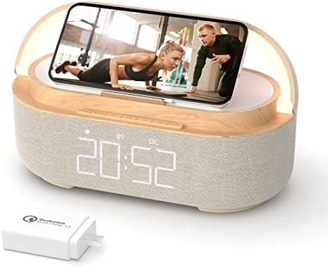 COLSUR Bluetooth Speaker Alarm Clock with Wireless Charger, FM Radio, Adjustable LED Night Light, 6 in 1 Bedroom Portable Speaker 2500mAh, Phone Stand for Bedside, Home, Office, Gift