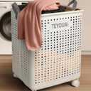 67L Rolling Plastic Collapsible Laundry Basket Cube Storage Bin Box Organizer with Wheels Handle Durable Ventilated Foldable Hamper for Bedroom Dirty Clothes Large Capacity