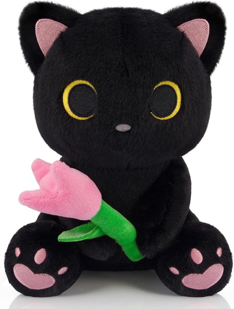 Black Cat Plush Holding Pink Tulip - 8" Kawaii Stuffed Cat with Flower, Soft Cute Plush Toy for Mom, Cute Stuffed Animals for Girls & Kitten Lovers