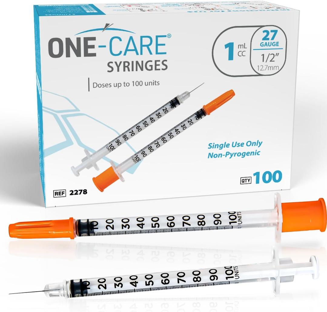 ONE-CARE Syringes 1ml/cc, 27G x 1/2"(12.7mm), Orange Cap, 100/bx