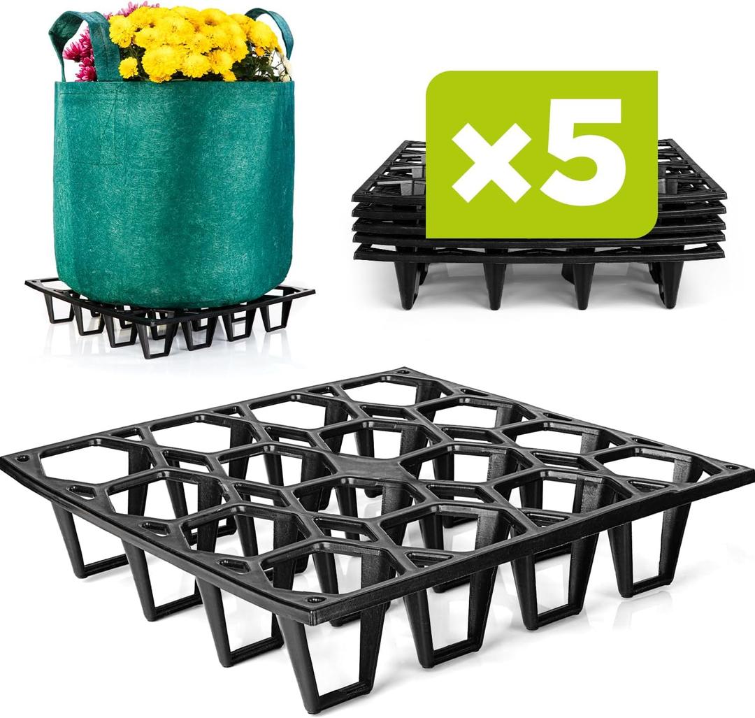 Plant Riser – Modular Pot Spacer for Grow Bags, Planters & Containers – UV-Resistant Drainage Tray for Airflow, Root Health & Cleaner Surfaces (Standard Black, 5 Pack)