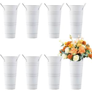 Haploon 8 Pack 9 Inch Vintage Galvanized Flower Bucket, Galvanized Metal Vases with Handles Farmhouse French Flower Bucket Vases for Home Deco Wedding Table Centerpiece Flower Centerpieces Decor