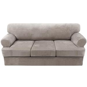 H.VERSAILTEX Sofa Cover 4 Piece T Cushion Sofa Slipcovers Thick Velvet Couch Cover Furniture Protector Stretch Sofa Covers for 3 Cushion Couch with 3 Individual T Cushion Covers Washable, Taupe