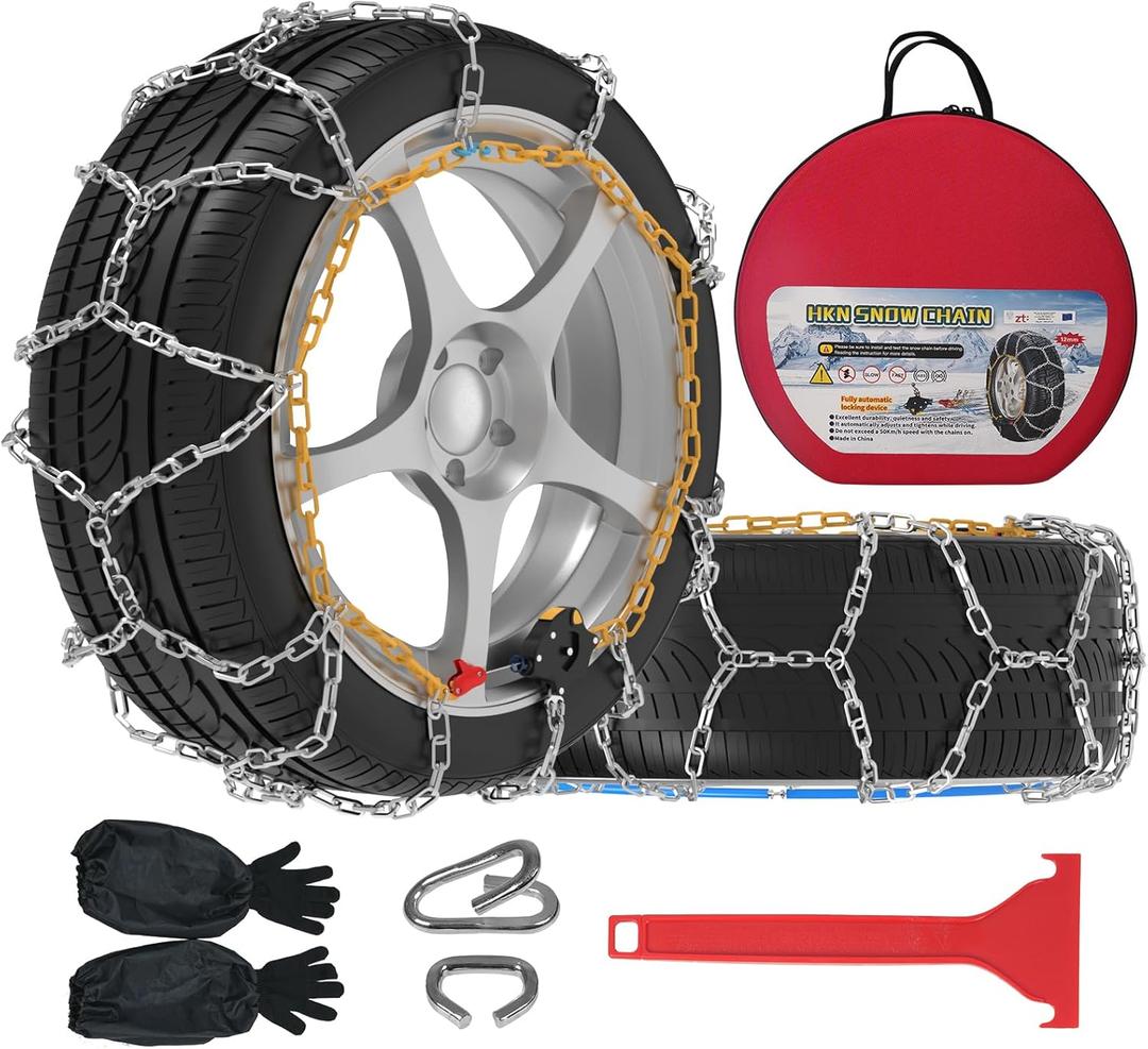 Auto-Fixing Snow Chains, 30s Quick Fit Easy Installation Tire-Chains, Portable Reusable High Carbon Steel Anti Slip Tire Chain for Passenger Car, Pickup Trucks and SUV - Set of 2 (HKN-90)