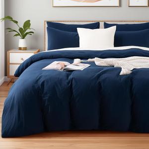 NEXHOME PRO Twin Duvet Cover Set, 100% Certified Organic Cotton with Washed Feel & Linen Like Texture, Comfortable & Breathable, Home Bedding Set Navy (No Comforter)