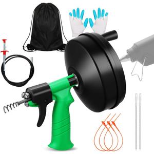 50 Ft Drain Snake, Fast Unclog Snake, Manual & Electric Drain Auger for Shower Sink, Toilet and Kitchen, Plumbing Auger Comes with Gloves and Bag, 1/4 Inch, Green