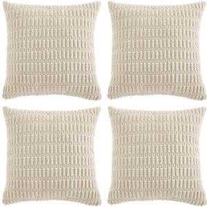 Fancy Homi 4 Packs Boho Cream Decorative Throw Pillow Covers 20x20 Inch for Living Room Couch Bed Sofa, Rustic Modern Farmhouse Home Decor, Soft Plush Corduroy Square Beige Cute Cushion Case 50x50 cm (20" x 20" (Pack of 4))