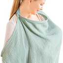 Konssy Muslin Nursing Cover for Baby Breastfeeding, Breathable 100% Cotton Breastfeeding Cover with Rigid Hoop for Mother Nursing Apron, Multi-use Carseat Canopy (Green)