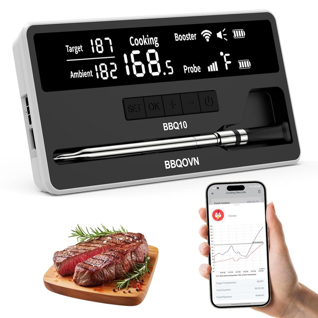 WiFi Sub-1G Smart Meat Thermometer Unlimited Range, 7 NIST-Cert.Sensors Magnetic Large-Display Smart Base, IP68 Wireless BBQ Grill &Smoker Thermometer, App&Standalone Monitoring(1,Black,Small)